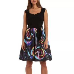 R&M Richards Black Top and Fit & Flare Skirt with Belt Sleeveless Midi Dress 10P